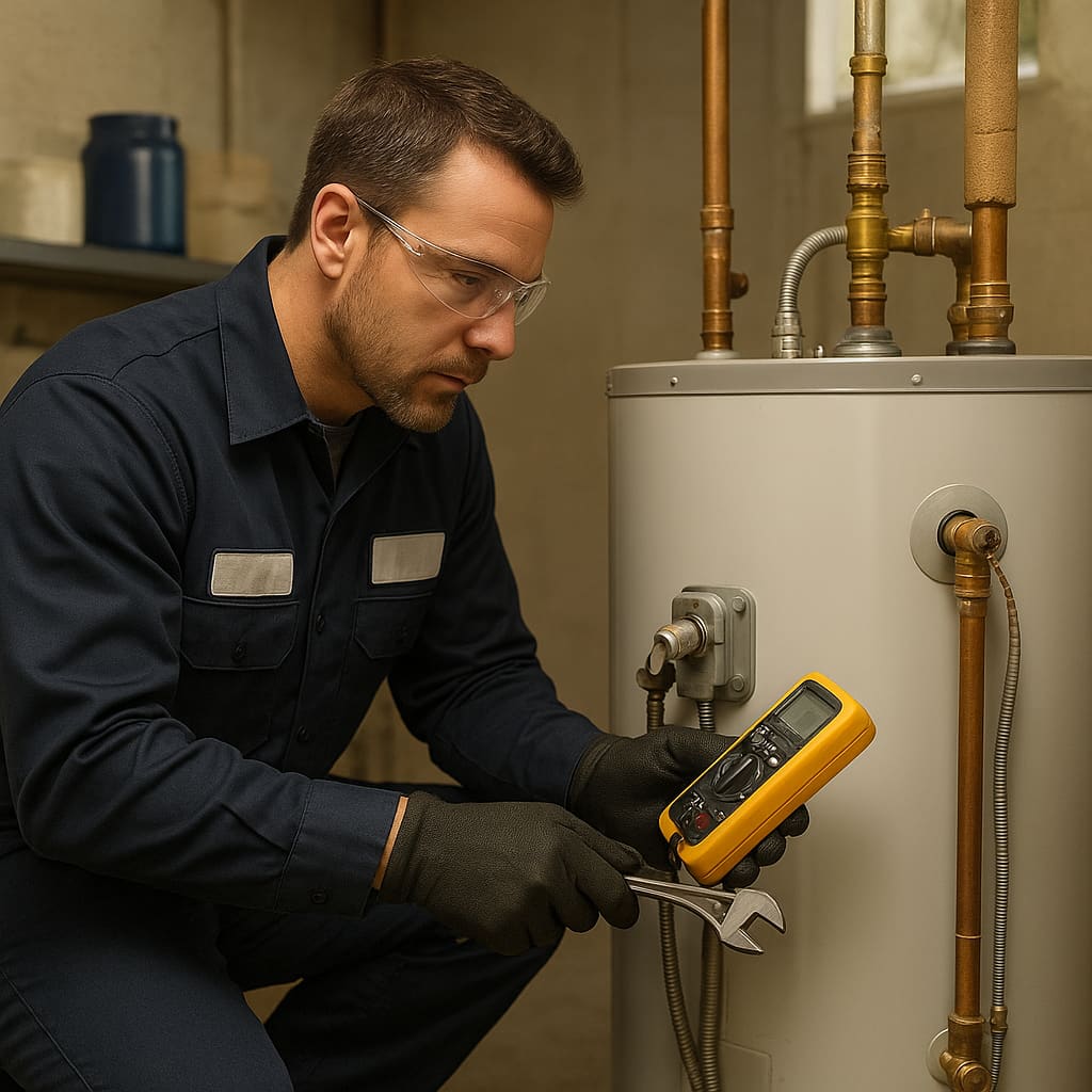 Techniker prüft Warmwassergerät